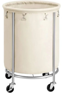 lot 1176 image: SONGMICS Laundry Basket with Wheels, Rolling Laundry Hamper, 45 Gal., Round Laundry Cart with Steel Frame and Removable Bag, 4 Casters and 2 Brakes, Cream and Silver URLS01MZ