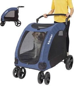 lot 1185 image: Vergo Dog Stroller Pet Jogger Wagon Foldable Cart with 4 Wheels, Adjustable Handle, Zipper Entry, Mesh Skylight Pet Stroller for Small to Large Dogs and Other Pet Travel (Blue)
