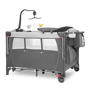 lot 1226 image: Baby Bassinet Bedside Crib with Diaper Changer, 5 in 1 Pack and Play, Playpen Travel Bed with Storage, Baby Playard with 4 Adjustable Height, Carry Bag, Easy to Install