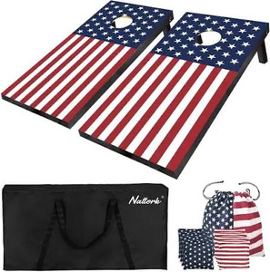lot 1248 image: Nattork Cornhole Set - American Flag Design, Includes Two 4ft x 2ft Cornhole Boards, 8 Bean Bags and Carrying Case, Corn Holes Outdoor Game Bean Bag Toss Game