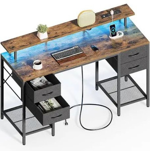 lot 1250 image: Huuger 55 inch Computer Desk with 4 Drawers, Gaming Desk with LED Lights & Power Outlets, Home Office Desk with Large Storage Space for Bedroom, Work from Home, Rustic Brown