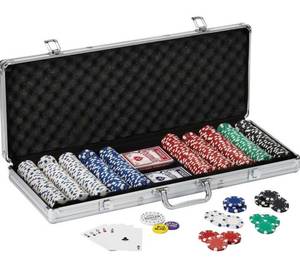 lot 1201 image: Fat Cat 11.5 Gram Texas Hold em Claytec Poker Chip Set with Aluminum Case, 500 Striped Dice Chips
