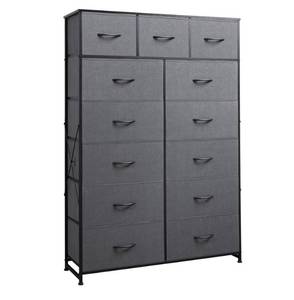 lot 21550 image: WLIVE Tall Dresser for Bedroom with 13 Drawers, Storage Dresser Organizer Unit, Fabric Dresser for Bedroom, Closet, Nursery, Chest of Drawers with Fabric Bins, Steel Frame, Wood Top, Dark Grey (Retail $97.99)