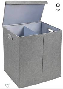 lot 21578 image: Greenco Double Laundry Hamper wLid, Gray  2 SectionCompartment, Divided, Foldable Hampers  Dirty ClothesLandry Basket, Bag, Organizer, Storage  Room Organization Accessories, Bedroom Essentials (Retail $28.99)