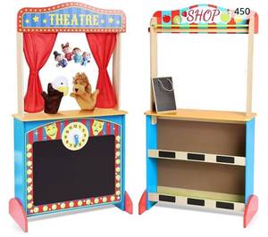 lot 21579 image: Deluxe Wooden Puppet Theater with Curtains, Blackboard and Clock, Double-Sided Play Store 3-8Y & Kid Puppet Show Theater with 2 Hand Puppets and 4 Finger Puppets for Toddlers 1-3 (Retail $99.99)