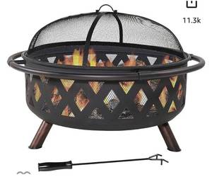 lot 21586 image: Sunnydaze Black Crossweave Large Outdoor Fire Pit - 36-Inch Heavy-Duty Wood-Burning Fire Pit with Spark Screen for Patio & Backyard Bonfires - Includes Poker & Round Fire Pit Cover (Retail $199.99)