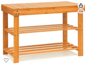 lot 21592 image: JMLHMXC Bamboo Shoe Rack Bench, 27.5L11W11.6H 3-Tier Shoe Rack for entryway,Wooden Shoe Shelf Organizer Holds up to 220 lbs Ideal for Hallway Bathroom Living Room Mudroom(Retail $45.98)