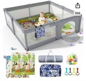 lot 21594 image: Baby Playpen 79 X 71, LUTIKIANG Play Yard for Babies and Toddlers with Mat, Safety Extra Large Baby Fence Area, Indoor & Outdoor Kids Activity Play Center with Anti-Slip Suckers and Zipper Gate (Retail $139.99)