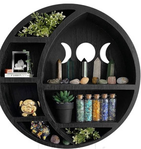 lot 21595 image: Ella & Emma Wooden Moon Shelf - Crescent Moon Crystal Shelf, Crystal Storage & Wall Hanging Shelves for Bedroom Aesthetic, Moon Phase Wall Decor & Crystal Display Shelf, Pinewood, Black(Retail $39.99)