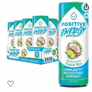 lot 21598 image: Positive Energy Beverage  12-oz Can, Pack of 12  Tropical Bliss  Zero Sugar Energy Drink, Supports Immunity and Hydration (Retail $31.49)