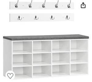 lot 21601 image: HOOBRO Shoe Storage Bench with Cushion, Entryway Bench, 39.4 Hall Tree, Coat Rack, 12 Cubbies, Holds up to 330 lb, Shoe Rack, Storage Cabinet for Bedroom, Hallway, White and Gray WT112HX01 (Retail $105.99)