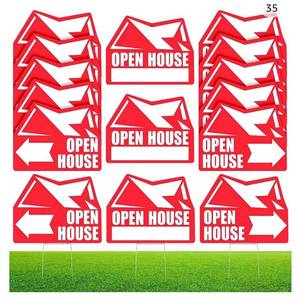 lot 21607 image: 15 Pcs 18 x 14 Inch Open House Signs for Real Estate Large Corrugated Plastic Real Estate Agent Supplies with Arrows Double Sided Real Estate Signs with Stakes Open House Directional Sign for Garden (Retail $44.99)