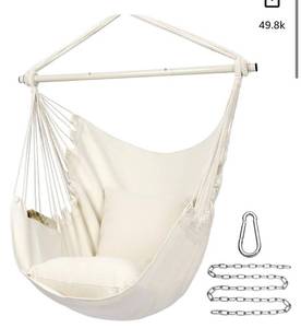 lot 21612 image: Y- STOP Hammock Chair Hanging Rope Swing Chair, Max 500 Lbs, 2 Seat Cushions Included, Removable Steel Spreader Bar with Anti-Slip Rings, Hardware kit-for Indoor or Outdoor(Cream ) (Retail $39.98)