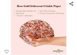 lot 1542 image: Iridescent Rose Gold Crinkle Cut Paper Shredded Filler, Rosy Pink Gold Grass Raffia Tissue, Strands Shred Craft Bedding Cushion Paper, For Christmas Thanksgiving Holiday Gifts Wedding Birthday Bridesmaid Engagement Gift Boxes Bags Retail Decoration 4 oz