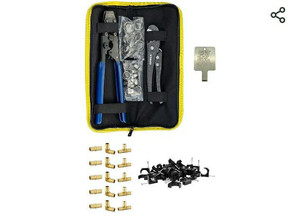 lot 1566 image: Heavy-Duty Canvas BagPex Crimping Tool Kit 12 Barb Brass Pex Fittings Elbow, Tee, Coupler, J-Clamps, Pipe Cutter and clamps