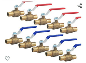 lot 1569 image: LD- 34 PEX Brass Ball Valve, 34-in PEX No Lead Brass Shut off Ball Valve with Red & Blue Long Lever Or T Handle,Pex Barb Water Valve with cUPC Certified for Cold and Hot water (10-Pack ALL RED