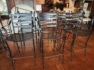 lot 21549 image: Lot of 3 Outdoor Metal Bar Height Armed Chairs