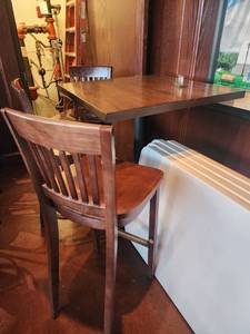 lot 21583 image: Lot Solid Wood Bar Height Table W Metal Base and 3 Chairs