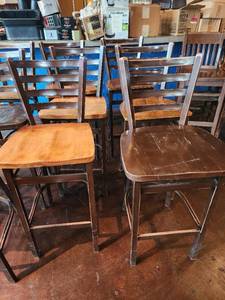 lot 21589 image: Lot of 6 Bar Height Bronze Brown Chairs W Assorted Wood Seats