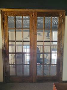 lot 29571 image: Wooden Framed Double Doors W Glass Windows&nbsp