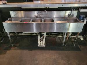 lot 18693 image: 6ft Krowne 3-Compartment Underbar Stainless Steel Sink W Left Side and Right Side Drainboards W Single Sink