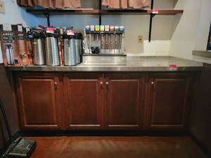 lot 18725 image: 85in Wood Beverage Station W Stainless Steel Top&nbsp