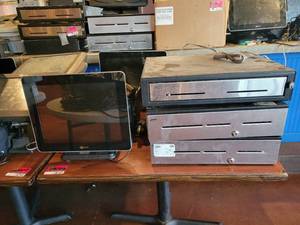lot 18745 image: Contents of Table - NCR Monitor, Metal Cash Drawers, and Epson Receipt Printers
