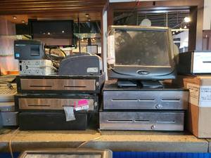lot 18749 image: Contents on Bar Top - Radiant Systems Monitor W Card Reader, Cash Drawers, Epson Receipt Printers, and More