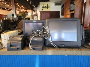 lot 18751 image: Contents on Bar Top - Radiant System Moniter W Card Reader, Epson Receipt Printers, APC Back-Ups CS 350, and More