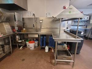 lot 18584 image: Commercial 8ft Stainless-Steel L-Shaped Dishwashing Sink W a Upper and Lower Storage