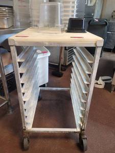 lot 18651 image: Aluminum Sheet Pan Rack W Cutting Board Top