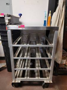 lot 18612 image: Aluminum 4-Tier Mobile Can Rack W An Attached Edlund Can-Opener