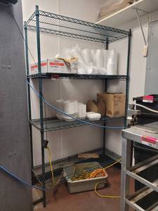 lot 18615 image: 4-Tier Green Metal Shelf W Contents