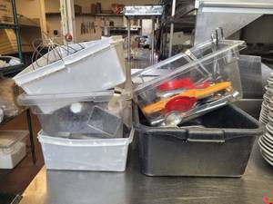 lot 18642 image: Assorted Lot of Kitchen Utensils and Food Storage Containers - Mixer Attachments, Cheese Grater, Tongs, and More