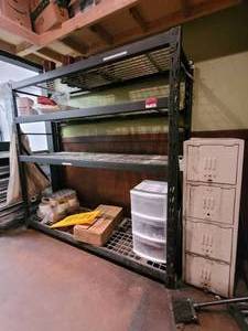 lot 18606 image: Heavy Duty Black Industrial Shelf W Assorted Kitchen Supplies