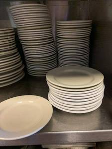 lot 18648 image: Large Lot of White Restaurant Dining Dishes and Stainless Steel Steam Table Pans