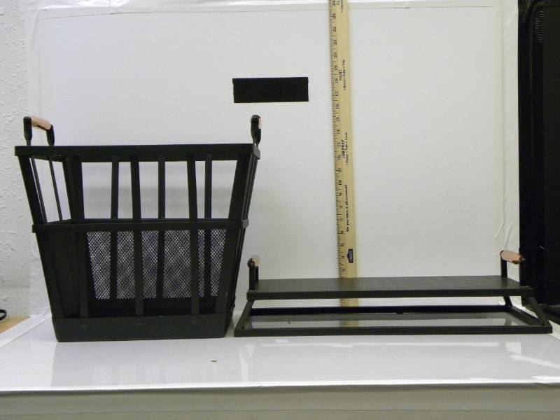 lot 7021 image: 15.5 Tall Metal Basket w Brass Handles. Sitting Stand w Brass Handles.