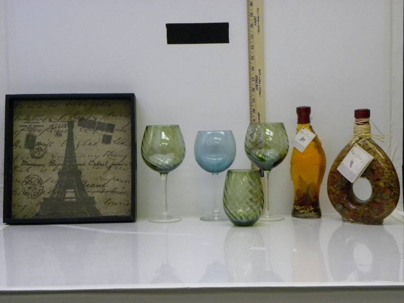lot 7025 image: Handled Paris Tray. 3 Glass Stemware Glasses. 1 Matching Glass. 2 Decorative Oil Jars.