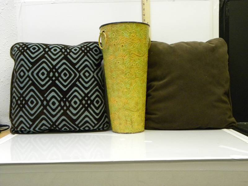 lot 7027 image: 2 Matching (Very Soft) Pillows. 18 Tall Metallic Trash Bucket.