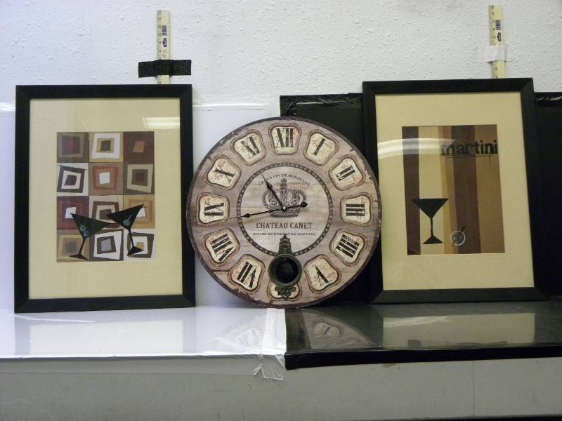 lot 7048 image: 20.5 x 26.5 Framed Martini Images.  23 Round Pendulum Clock.