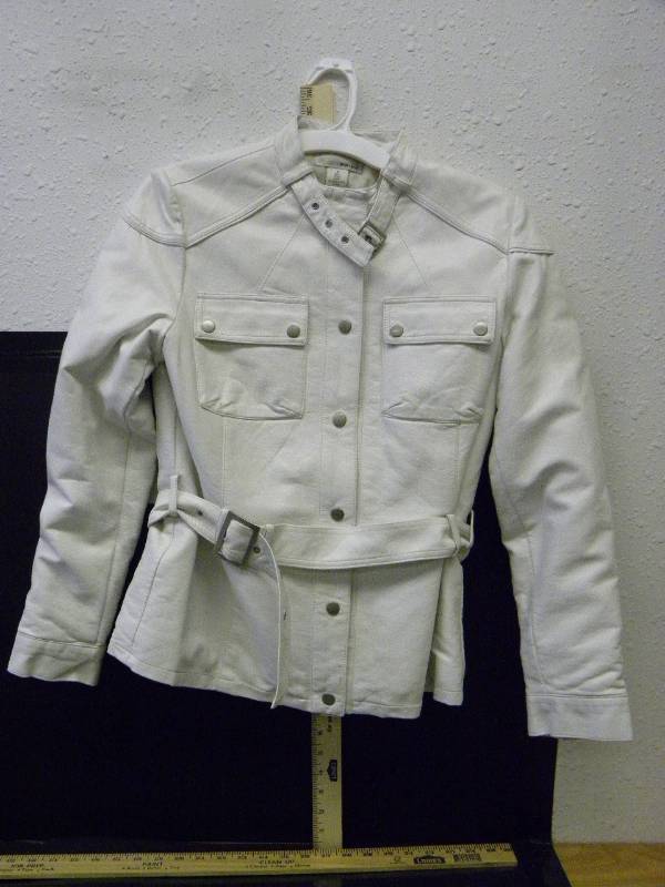 lot 7060 image: WD N.Y. Button and Belted White Imitation Leather Jacket.
