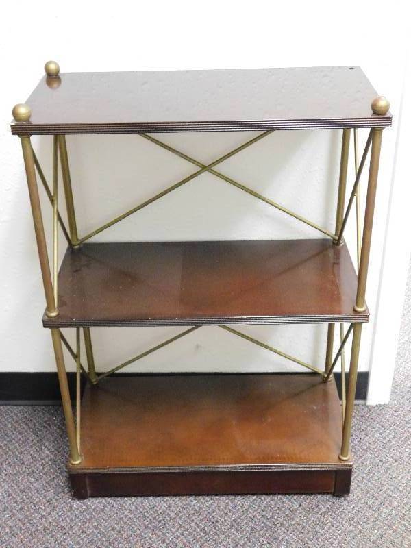 lot 7124 image: 34 T, 24 W, 12 D.  HardwoodBrassResinated Surface 3-tier Shelf.