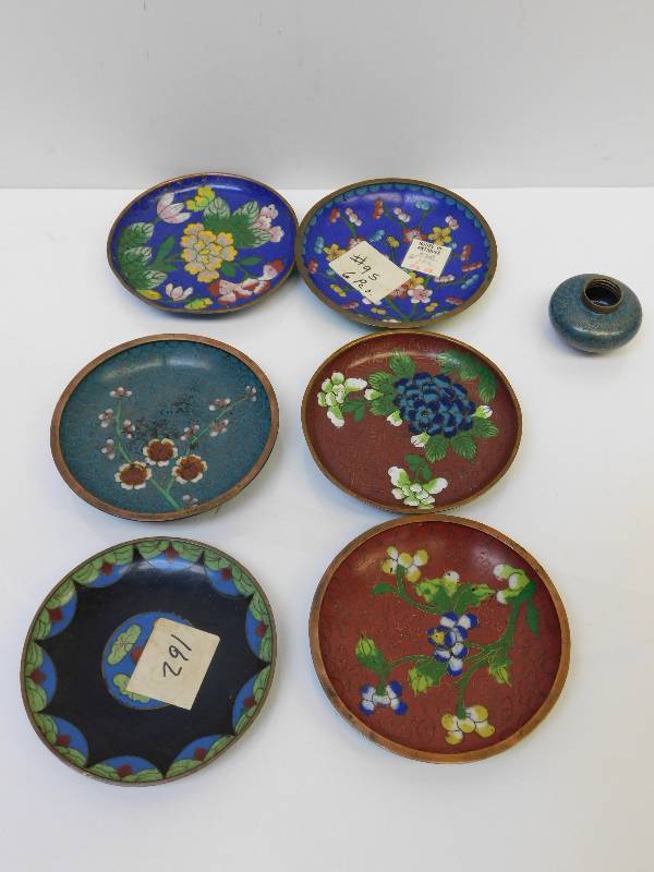 lot 7218 image: Cloisonne Bundle #1 - 6 Ornate Coasters & Topless Ink Well.