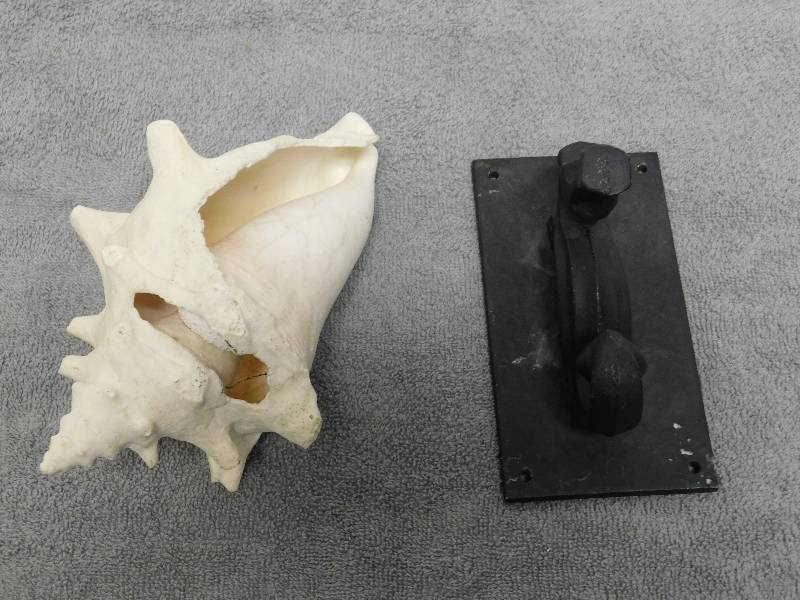 lot 7168 image: Solid Metal Sea-Horse Door Knocker and Real Contch Shell.