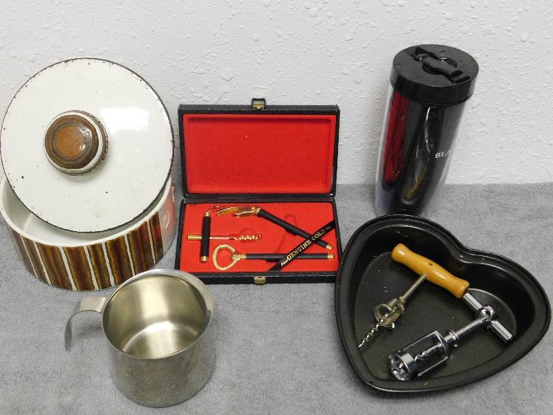 lot 7171 image: Antique Ceramic Lidded Container.  Gold Plated Wine Corking Set.  Hidden Treasures.
