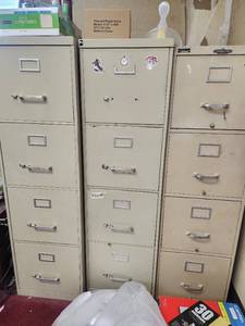 lot 22092 image: Lot W 6 Metal Desks, 8 Filing Cabinets, Chandelier, and More