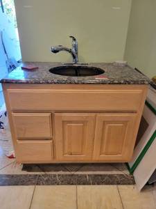 lot 22012 image: Wooden Bathroom Vanity W Baltic Brown Granite Top