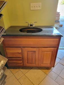 lot 22015 image: Wooden Bathroom Vanity W Black Imperial Granite Top