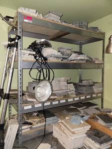 lot 22034 image: 3-Tier Gray Industrial Shelf W an Assortment of Samples