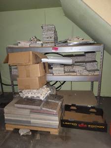 lot 22036 image: 3-Tier Gray Industrial Shelf W an Assortment of Samples